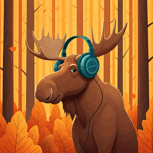 TrackMoose mascot - moose with headphones in autumn forest